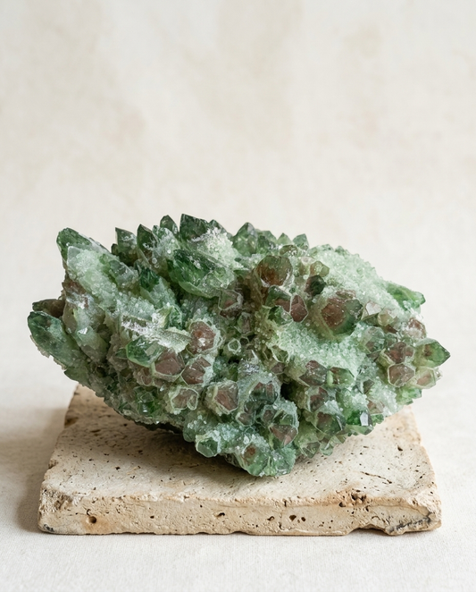 Raw green chlorite phantom quartz cluster with druzy frost on a stepped stone pedestal, museum-grade statement crystal decor, interior styling by STILLMANTLE⁠