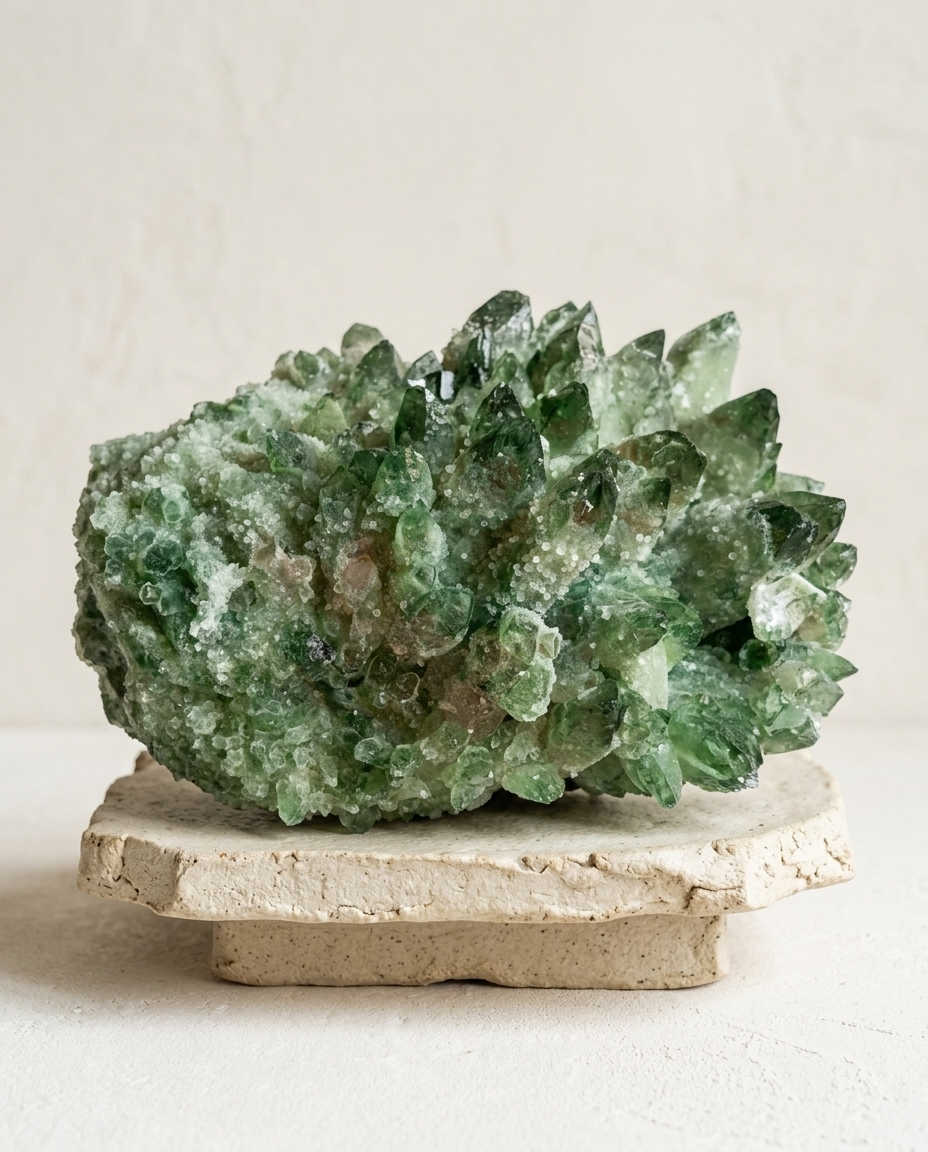 Side view of raw green chlorite and red hematoid phantom quartz on a natural stone base, healing earth tones mineral specimen, minimalist quiet luxury home decor by STILLMANTLE⁠