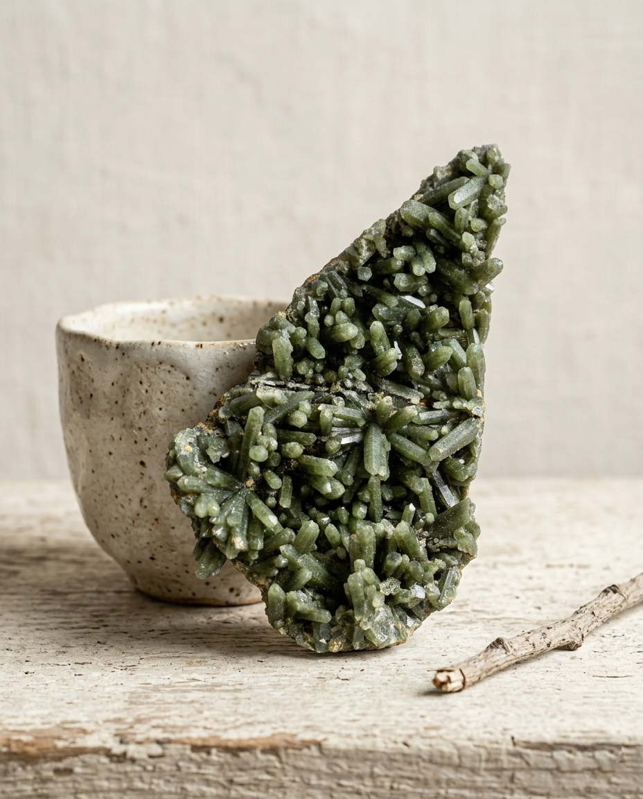 ⁠Upright raw forest green hedenbergite quartz specimen placed beside a wabi-sabi ceramic tea cup on distressed wood, quiet luxury desk decor and mindful spatial anchor by STILLMANTLE⁠