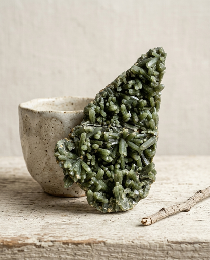 ⁠Upright raw forest green hedenbergite quartz specimen placed beside a wabi-sabi ceramic tea cup on distressed wood, quiet luxury desk decor and mindful spatial anchor by STILLMANTLE⁠