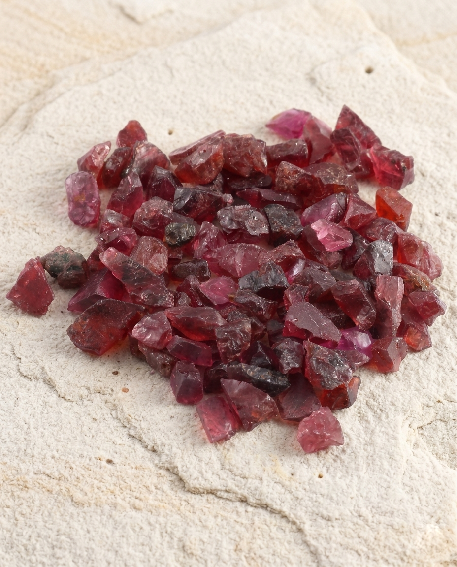 Raw burgundy almandine garnet crystal fragments scattered on textured stone, earthy wabi-sabi home decor and grounding meditation stones, STILLMANTLE⁠