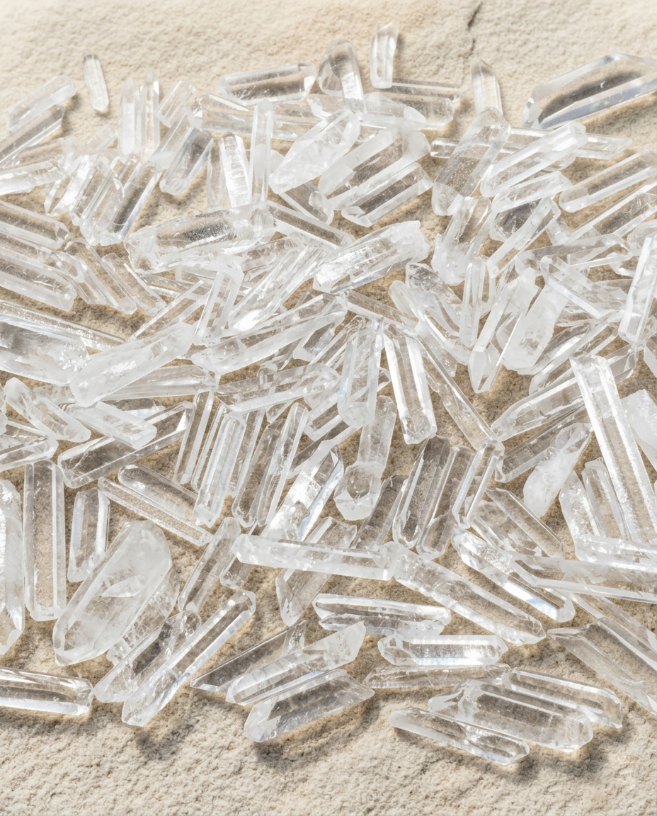 Unpolished natural clear quartz crystal points with raw geological growth lines, healing altar decor and clear pure energy crystals, STILLMANTLE
