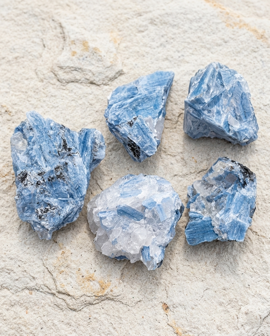 ⁠Heavy weight raw blue kyanite bladed crystals with natural matrix, dark oceanic tones brutalist desk decor and protective grounding stones, STILLMANTLE⁠