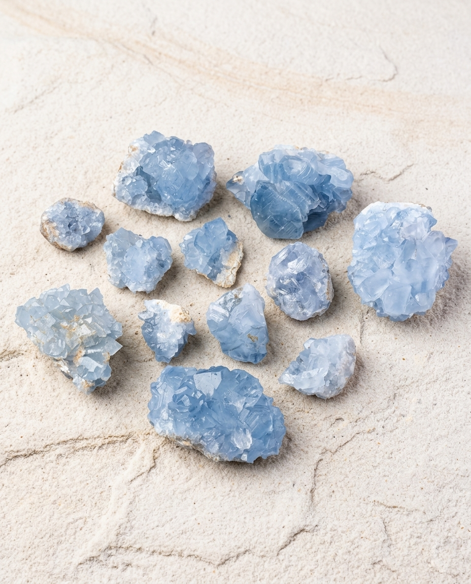 Natural raw blue celestite crystal clusters resting on light stone background, minimalist zen meditation room decor and healing geological specimen, STILLMANTLE