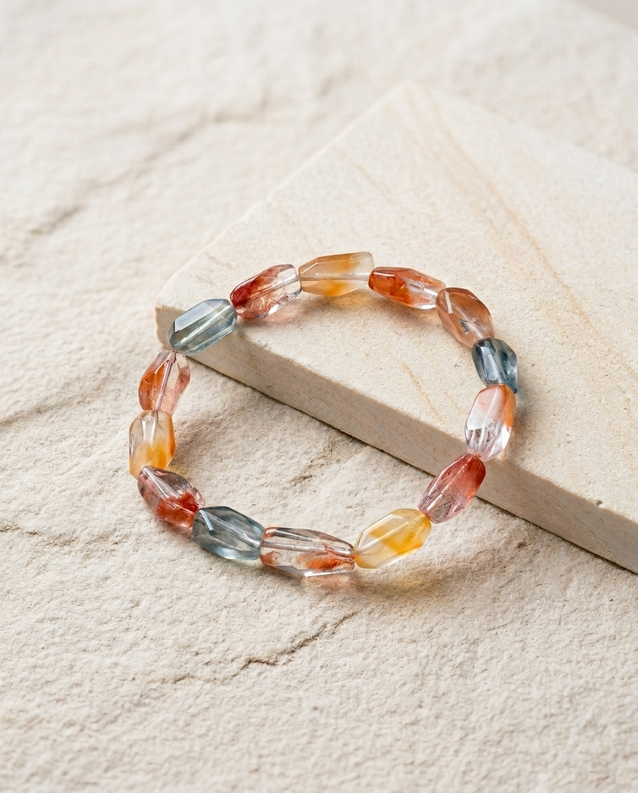 Faceted multicolor amphibole quartz bracelet resting on minimalist textured sandstone, ethereal angel hair crystal and quiet luxury earth element jewelry by STILLMANTLE
