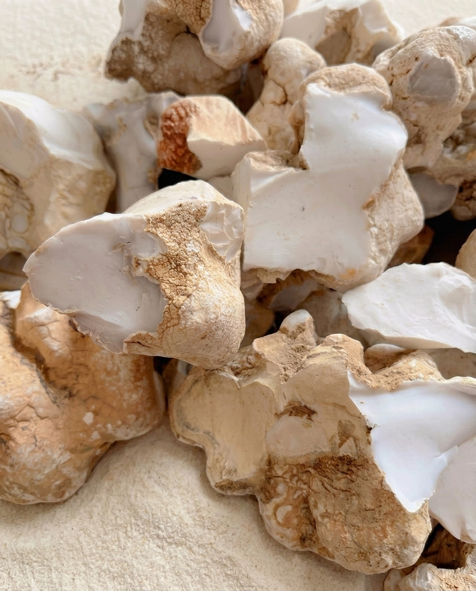 Unpolished white chalcedony nodules featuring rough desert-weathered skins and pure white cores, minimalist raw mineral specimens parcel by STILLMANTLE