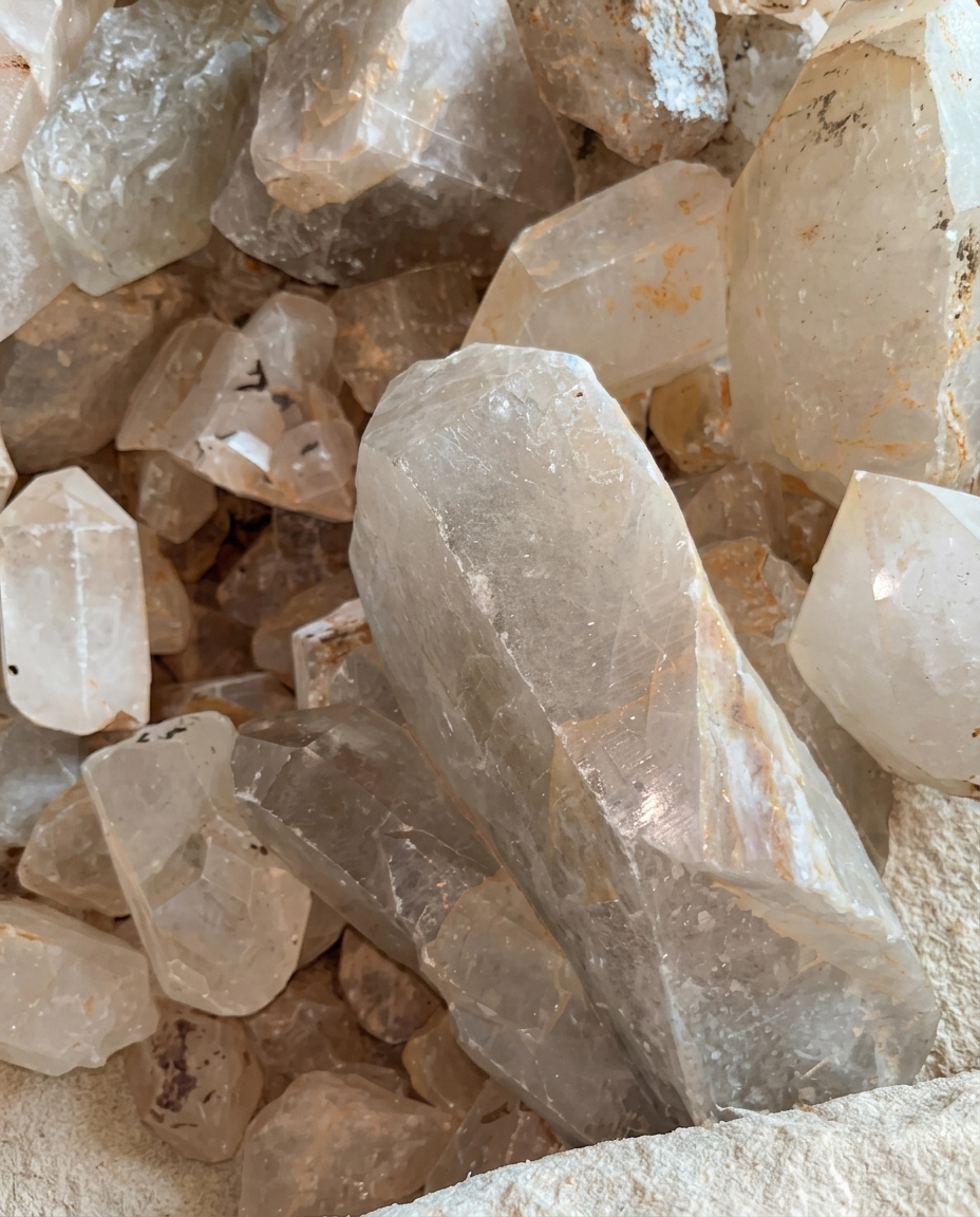 Close-up of unhewn clear quartz points with rugged geological textures and natural rust stains on light sand, grounding mindfulness mineral parcel by STILLMANTLE