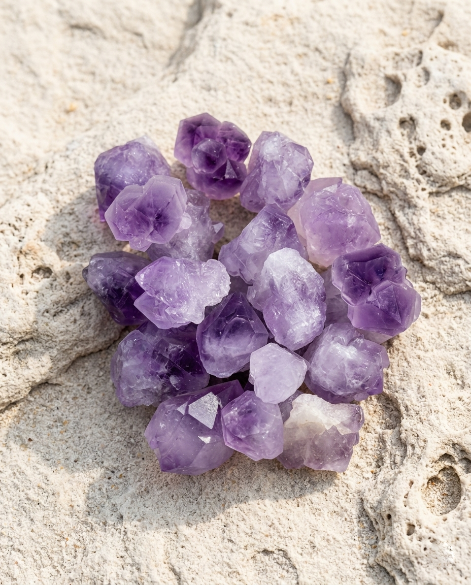 ⁠Top view of raw amethyst rosette clusters with sharp natural terminations resting on rugged porous stone, wabi-sabi unhewn healing mineral parcel by STILLMANTLE⁠