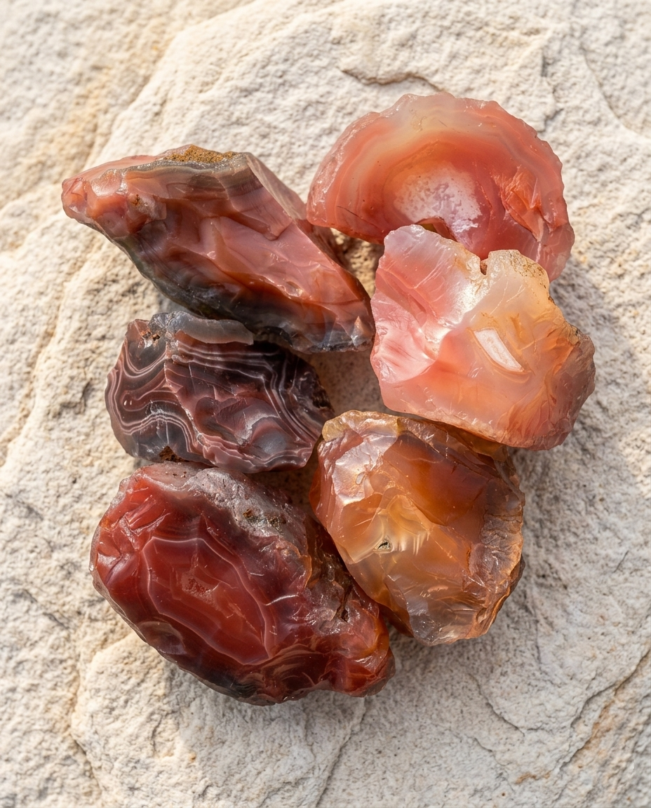 Collection of raw carnelian agate fragments with vibrant orange and red banding on textured stone, untamed earth element decor by STILLMANTLE