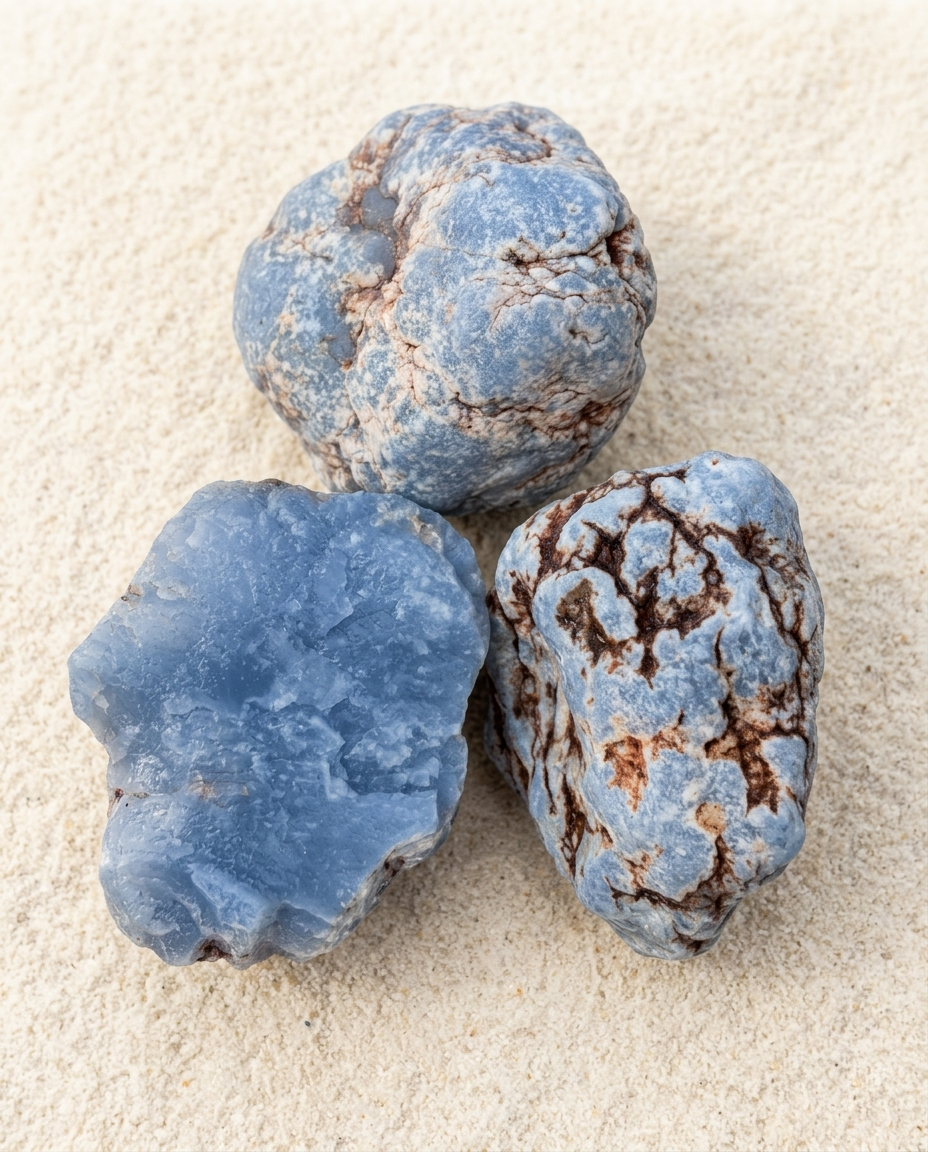 Three raw blue chalcedony nodules with natural terracotta crusts resting on fine sand, wabi-sabi unhewn mineral decor by STILLMANTLE