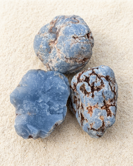 Three raw blue chalcedony nodules with natural terracotta crusts resting on fine sand, wabi-sabi unhewn mineral decor by STILLMANTLE