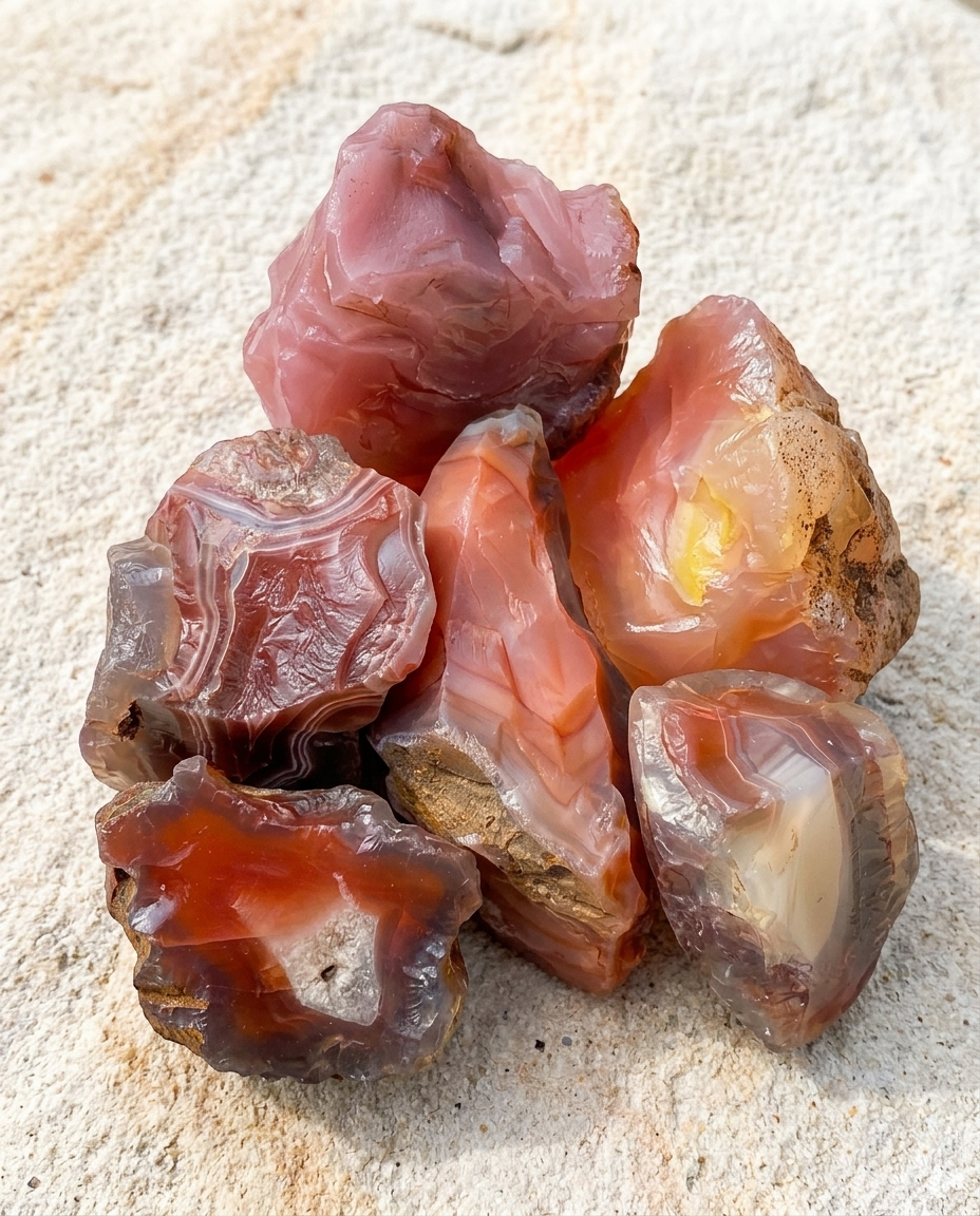 ⁠Close-up of translucent rough carnelian agate shards showcasing fiery tectonic warmth on light sandstone, mindful quiet luxury accessory by STILLMANTLE⁠