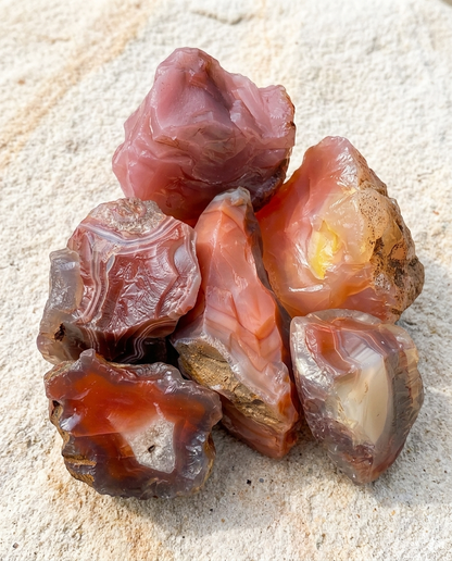 ⁠Close-up of translucent rough carnelian agate shards showcasing fiery tectonic warmth on light sandstone, mindful quiet luxury accessory by STILLMANTLE⁠