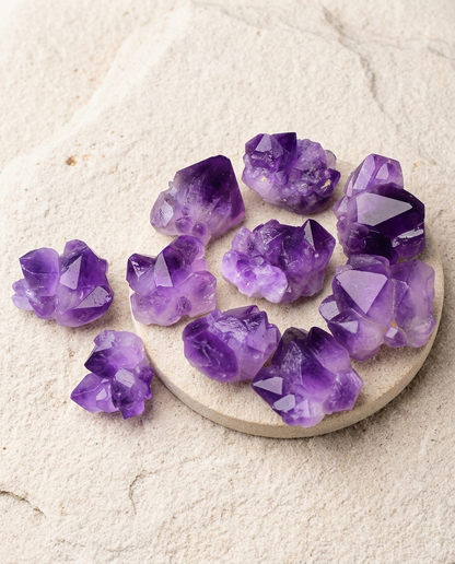 Collection of unpolished purple amethyst flower crystals displayed on a minimalist stone coaster, quiet luxury grounding earth element decor by STILLMANTLE