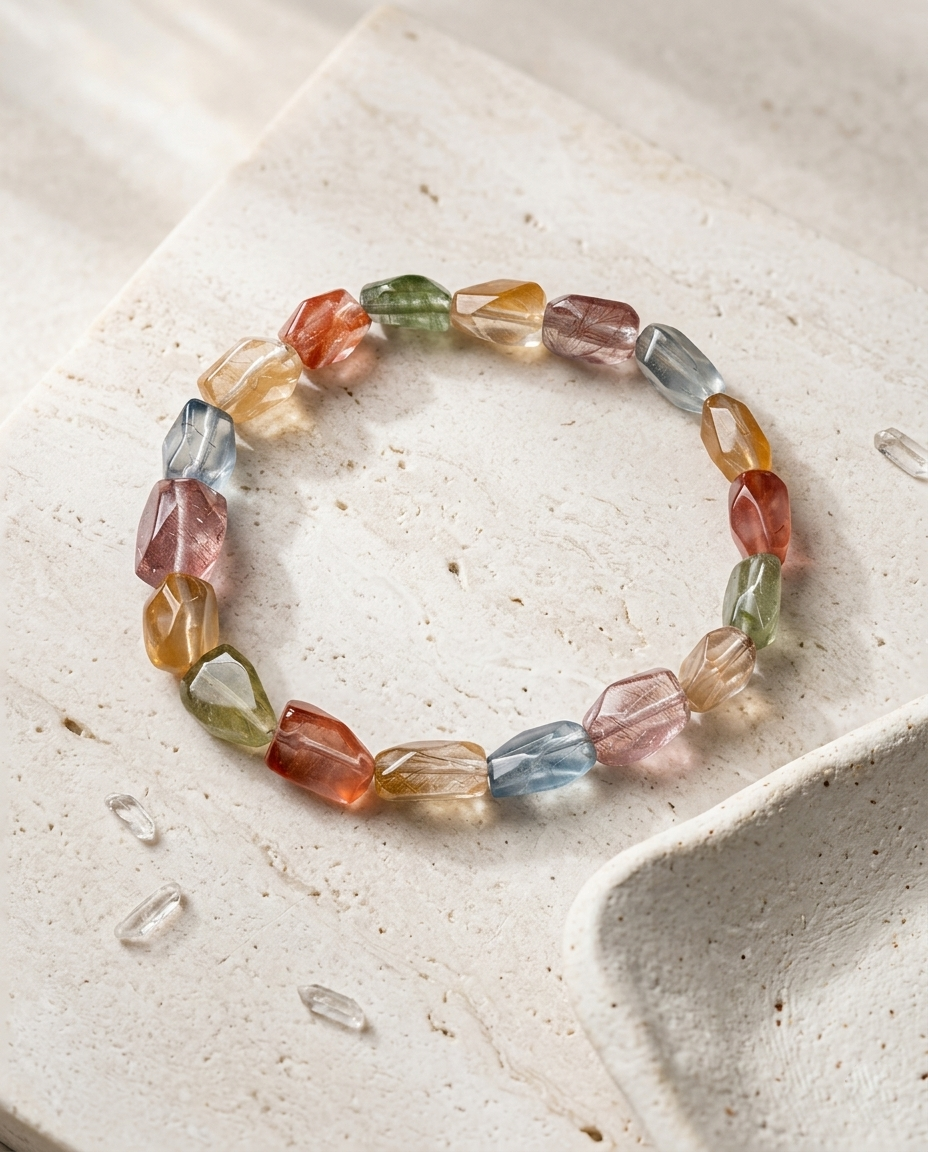 Faceted multicolor amphibole quartz bracelet resting on porous travertine stone beside a dried botanical, wabi-sabi angel hair crystal jewelry by STILLMANTLE