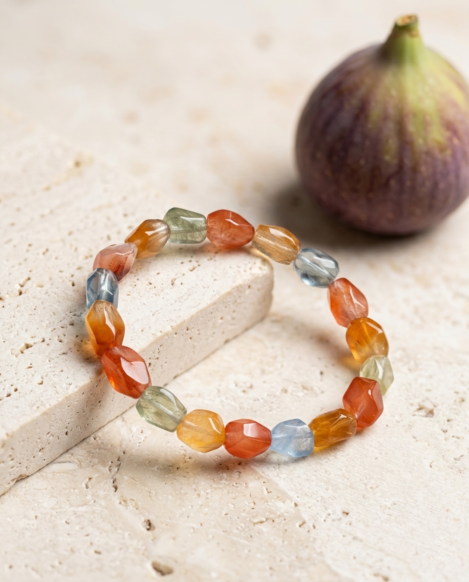 Close-up of asymmetric faceted amphibole quartz bracelet on rugged stone with a fresh fig, organic quiet luxury mineral aesthetic by STILLMANTLE
