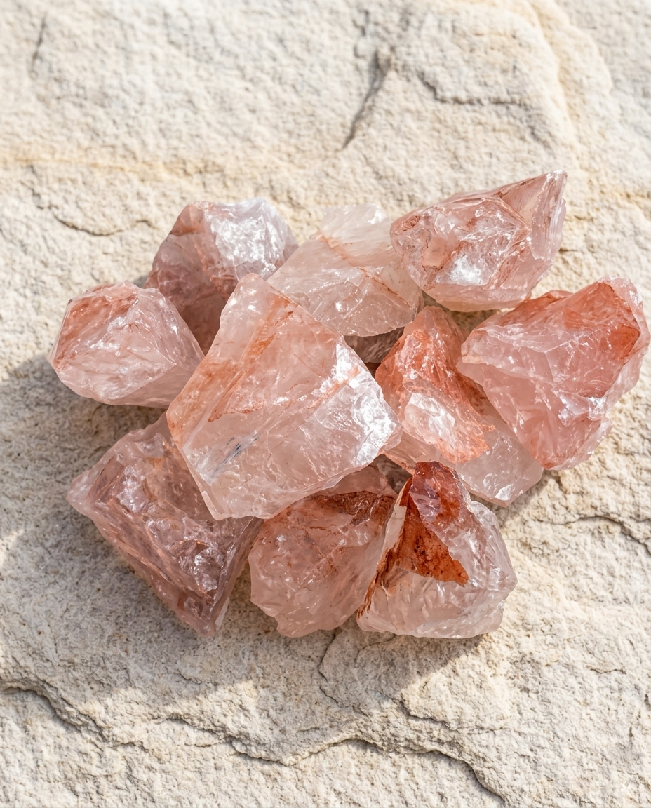 ⁠Top view of unhewn hematoid quartz mineral parcel resting on light textured sandstone, grounding earth art and mindful aromatherapy crystals by STILLMANTLE⁠