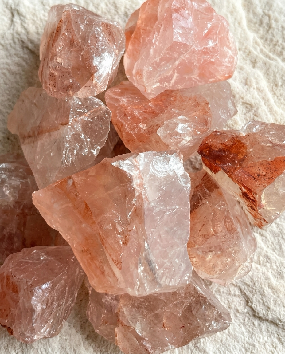 Close-up of raw hematoid quartz chunks showing deep crimson iron inclusions and icy facets, natural wabi-sabi essential oil diffuser stones by STILLMANTLE