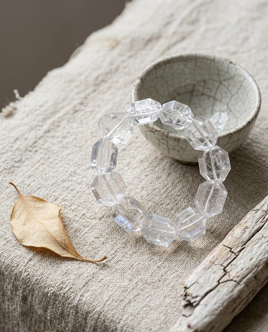 Custom faceted clear glacial quartz bracelet on weathered driftwood beside a wabi-sabi ceramic cup, water-clear minimalist organic jewelry by STILLMANTLE⁠