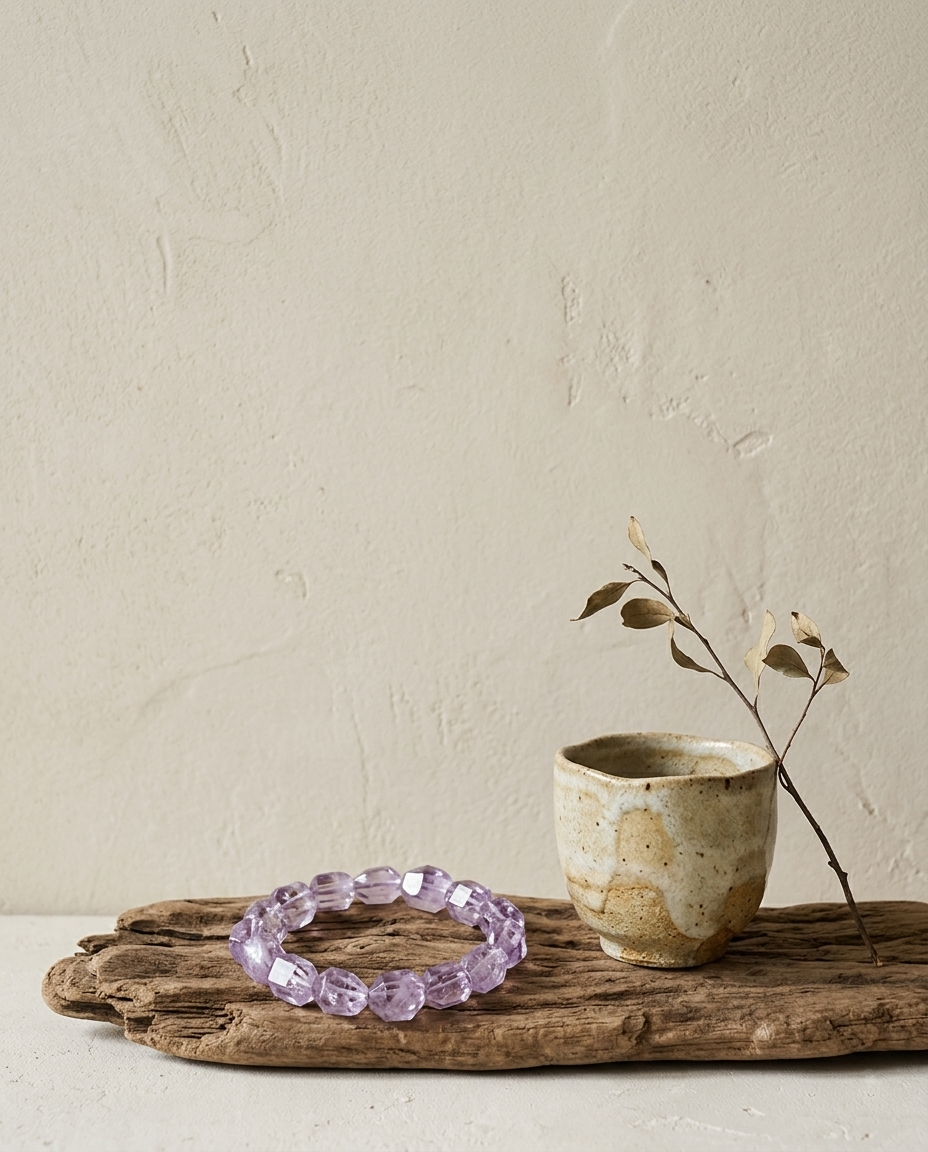 Faceted pale lavender Vera Cruz amethyst bracelet resting on weathered driftwood with a wabi-sabi crackle glaze ceramic cup, rare natural crystal jewelry by STILLMANTLE