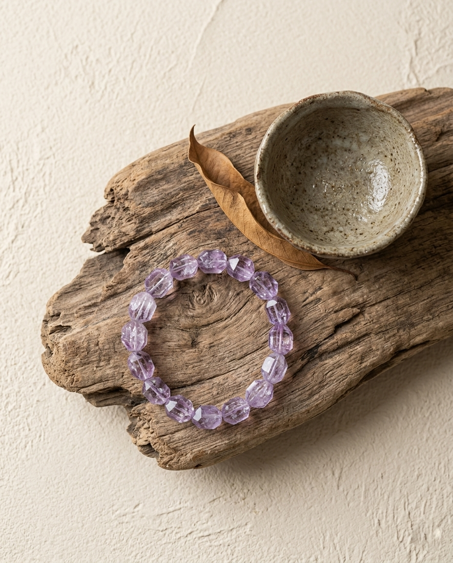 ⁠Top view of custom faceted Vera Cruz amethyst crystal bracelet on raw driftwood beside a rustic ceramic bowl, unhewn quiet luxury wearable mineral art by STILLMANTLE