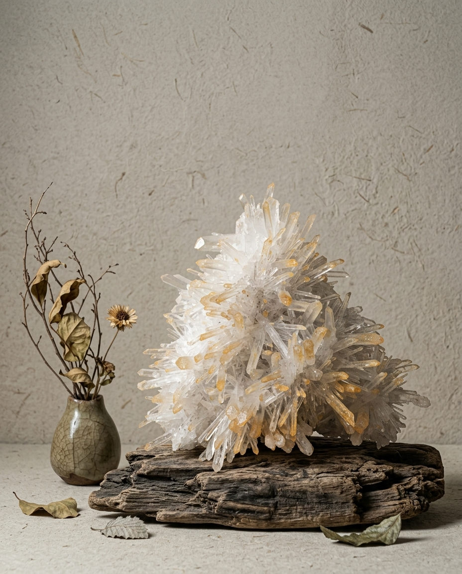 ⁠Golden healer quartz cluster with a botanical pine-like habit on weathered driftwood beside a small crackle glaze vase and dried flowers, wabi-sabi zen mineral decor by STILLMANTLE