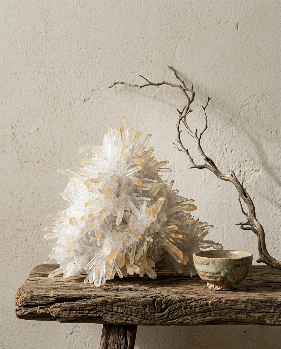 Structural golden healer clear quartz cluster on a rustic wooden plank, styled with a gracefully curved bare branch and a wabi-sabi tea bowl, quiet luxury earth element decor by STILLMANTLE⁠