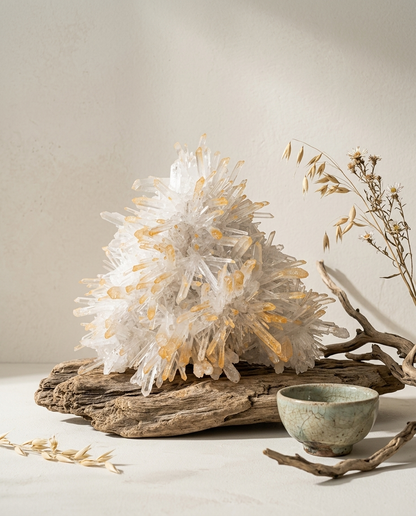 Large one-of-a-kind golden healer quartz cluster on weathered driftwood, surrounded by dried oat stalks, twisted branches, and a celadon crackle glaze cup, raw wabi-sabi statement mineral sculpture by STILLMANTLE⁠