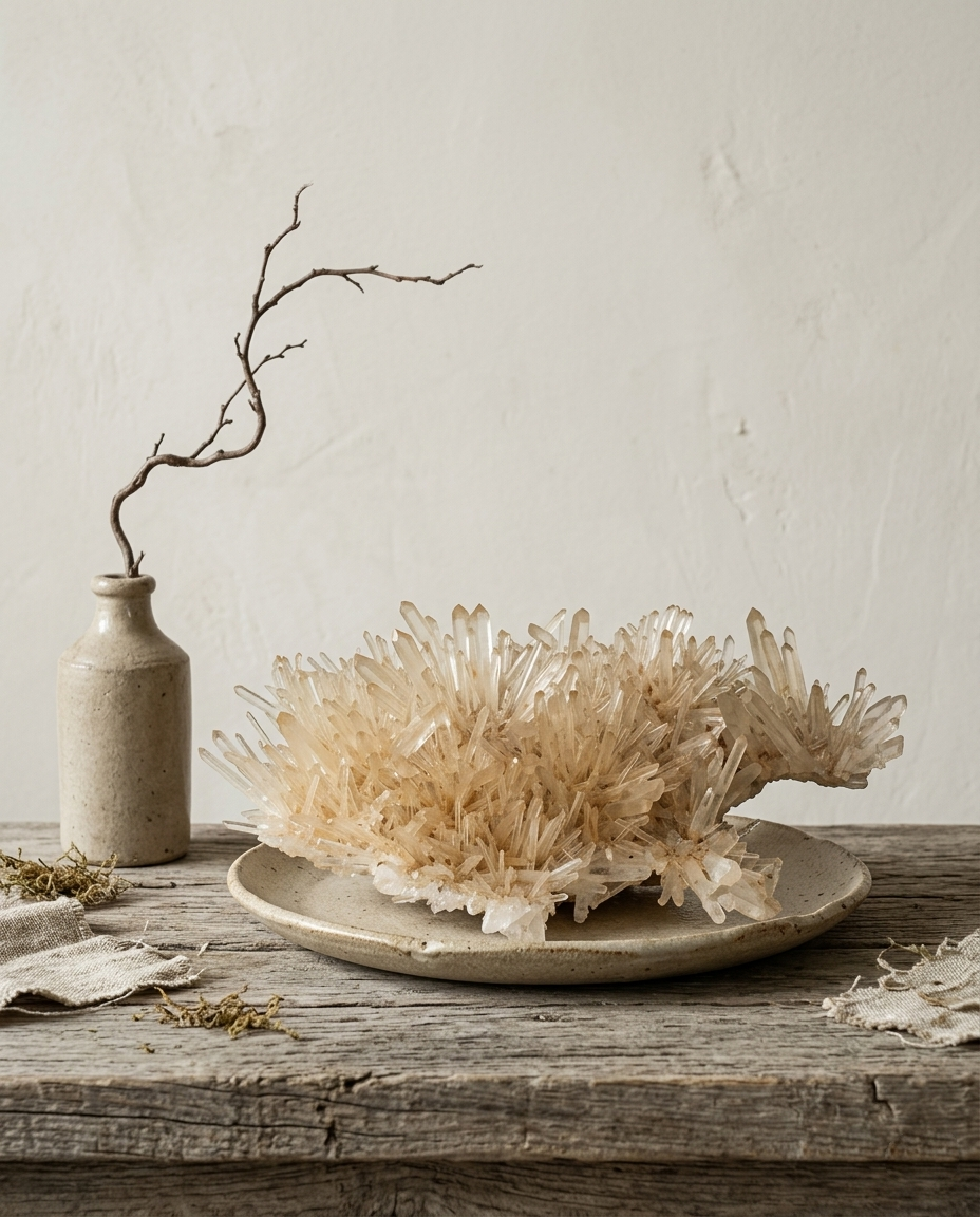 ⁠Large horizontal golden healer quartz cluster resting on a ceramic plate over weathered wood, styled with a minimalist bare branch in a rustic vase, wabi-sabi earth element decor by STILLMANTLE