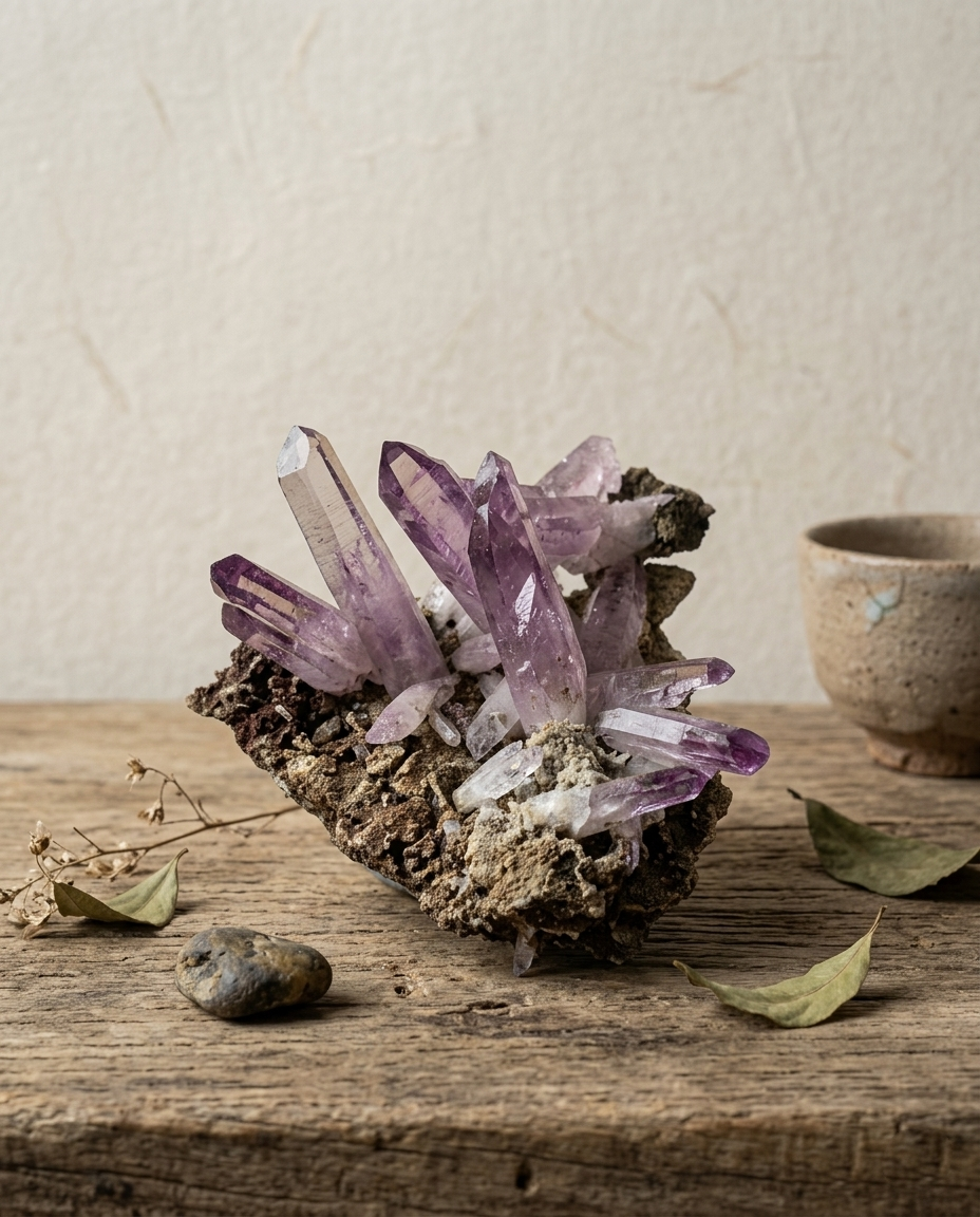 Raw Vera Cruz Amethyst crystal cluster with elongated purple points on matrix, styled on aged wood with a rustic ceramic cup. A stunning natural crystal specimen for organic modern interior decor.