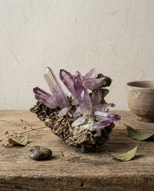 Raw Vera Cruz Amethyst crystal cluster with elongated purple points on matrix, styled on aged wood with a rustic ceramic cup. A stunning natural crystal specimen for organic modern interior decor.