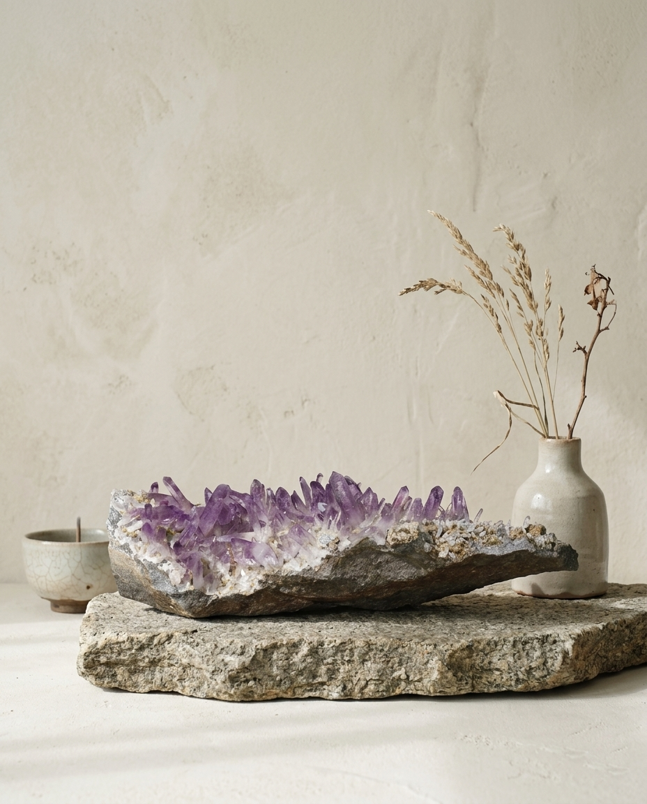 Massive horizontal Vera Cruz amethyst specimen on weathered stone base, styled with a minimalist ceramic vase and dried botanicals, wabi-sabi earth element statement sculpture by STILLMANTLE⁠