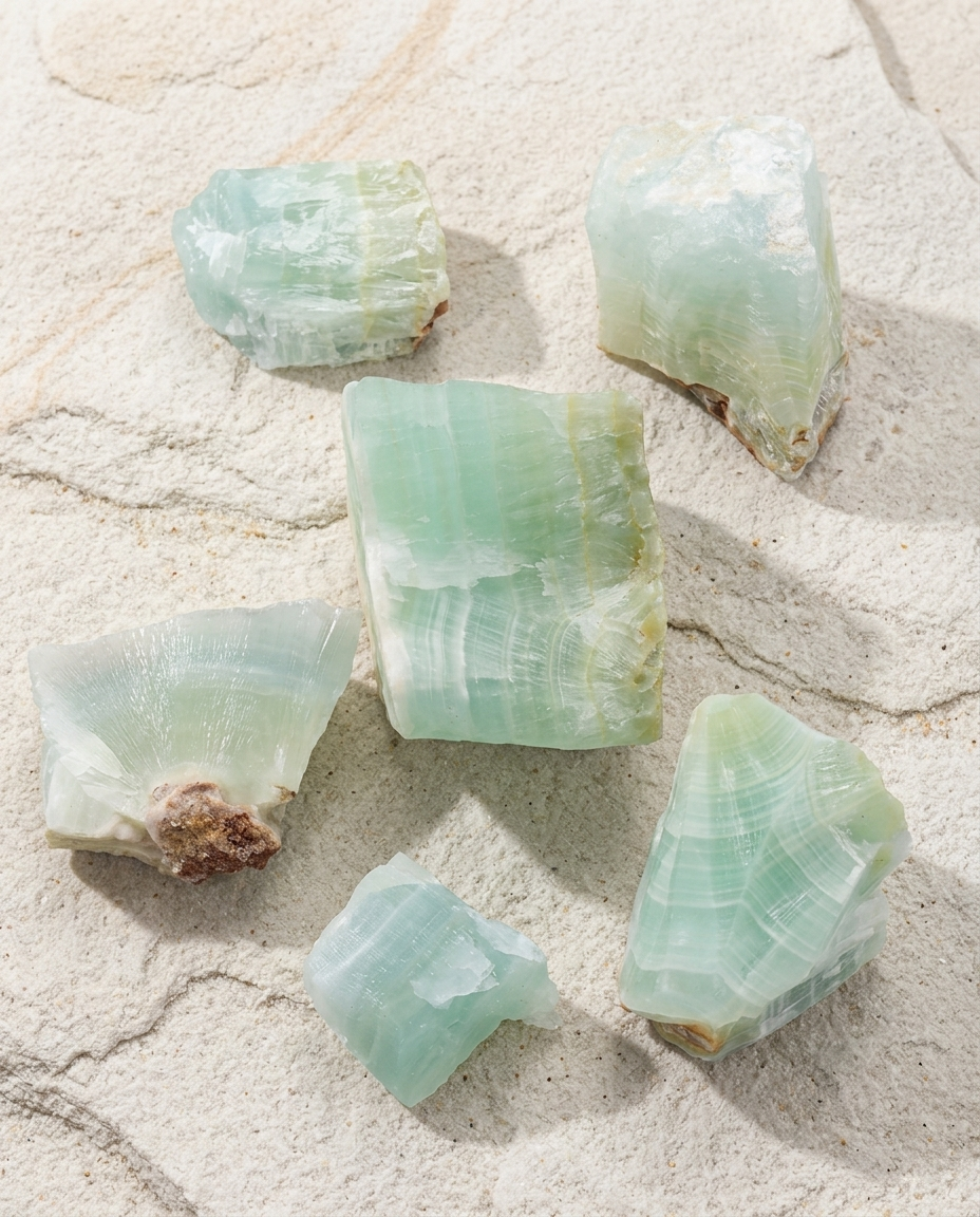 Raw Caribbean Calcite stone chunks featuring natural layered bands of light sea-foam green and sandy white on a textured light stone surface. A curated earth mined gemstone bundle containing raw orbicular agate fragments.
