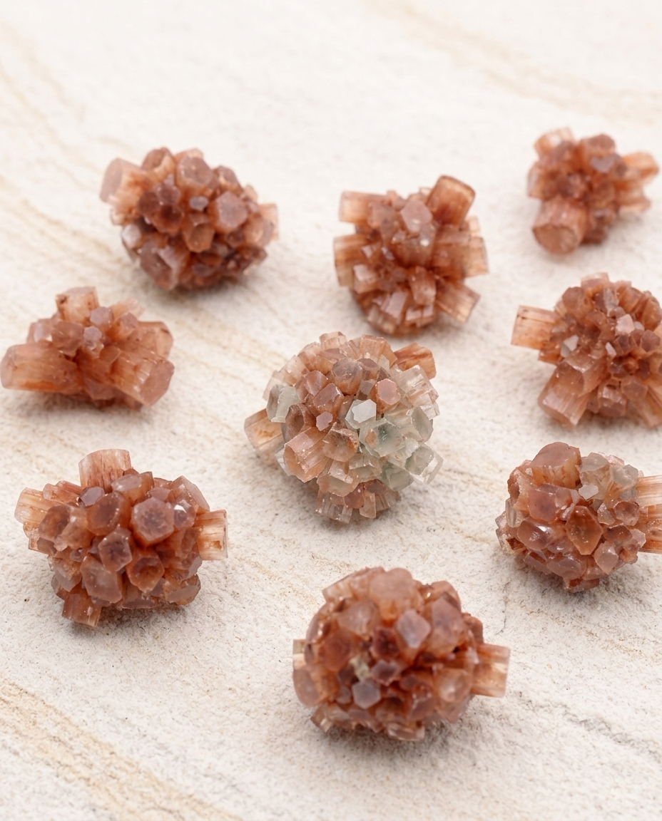 Raw Moroccan Aragonite sputnik crystal clusters with chaotic, terracotta-colored hexagonal formations resting on a textured light stone surface