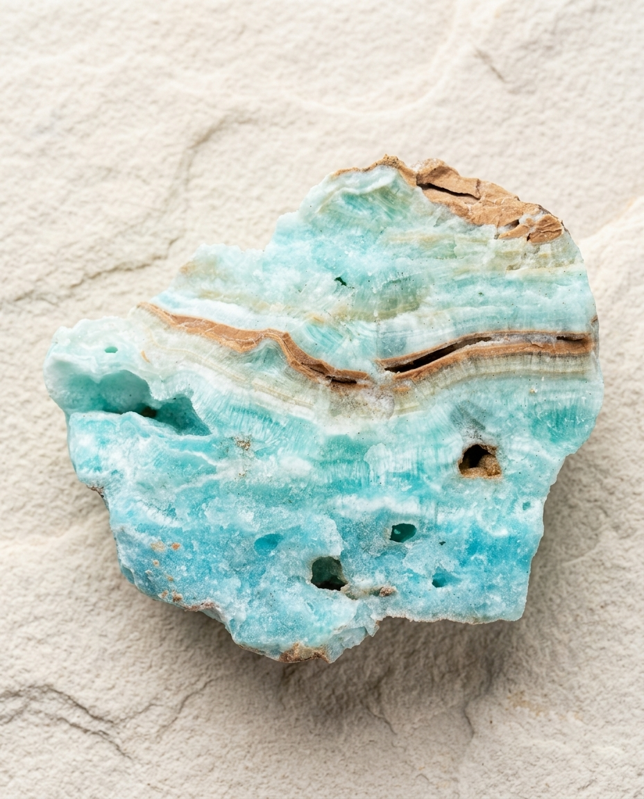 Close-up of a natural blue Hemimorphite crystal slice showing striking turquoise and white banding with natural brown matrix inclusions, resting on a textured light stone surface