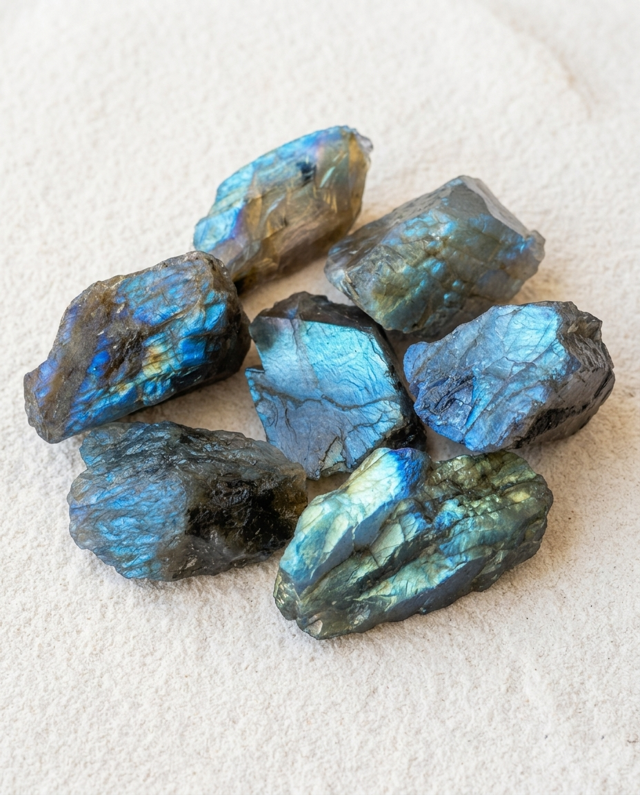 Several raw Labradorite rough chunks resting on a light surface, exhibiting bright, neon blue labradorescent flashes within their dark, unhewn geological structure.