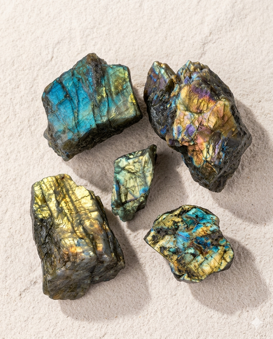 Raw Labradorite unpolished stone fragments displaying vibrant flashes of iridescent blue, electric gold, and purple against a dark textured host rock. Natural raw Labradorite fragments curated as a raw crystal mystery box, perfect for collectors.