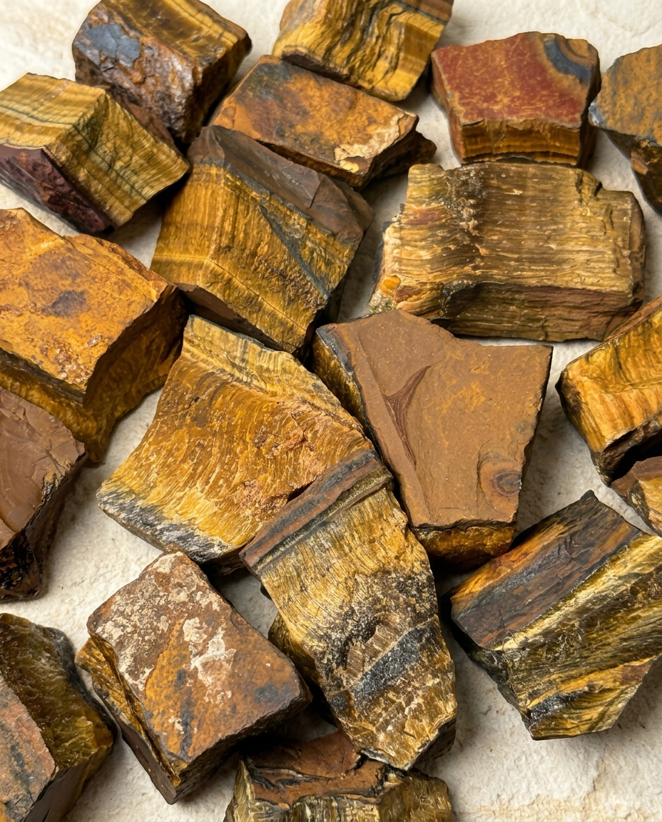 Raw Tiger's Eye stone fragments showing natural golden-brown banding and silky fibrous textures scattered on a light textured surface