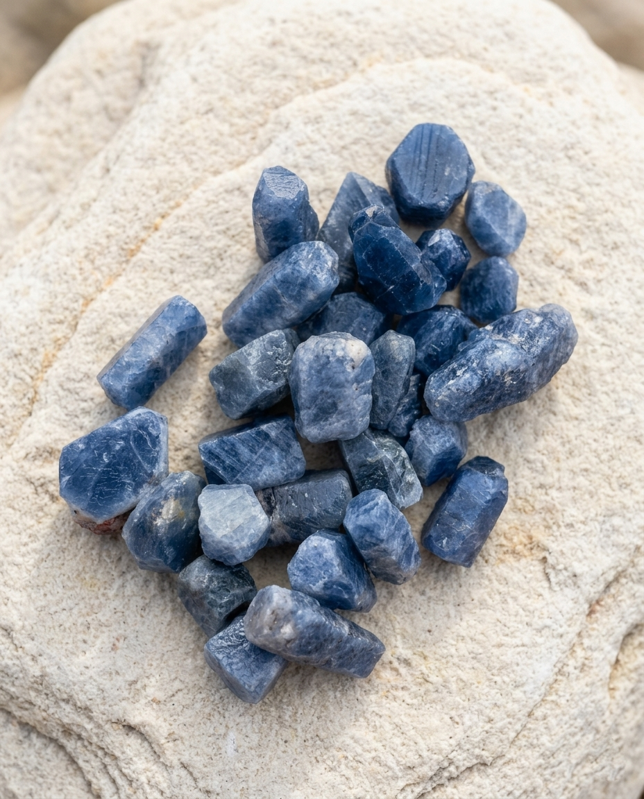 A cluster of raw, unpolished Blue Corundum stone fragments with deep indigo and denim blue hues resting on a textured light stone background