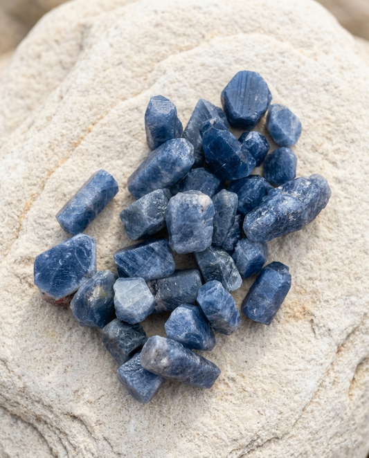 A cluster of raw, unpolished Blue Corundum stone fragments with deep indigo and denim blue hues resting on a textured light stone background