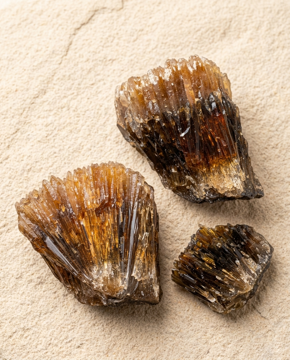 Three raw Amber Calcite fragments featuring deep caramel and golden hues with highly textured, striated crystal formations resting on a light stone surface. Golden amber calcite rough pieces packed as a surprise geological gift set