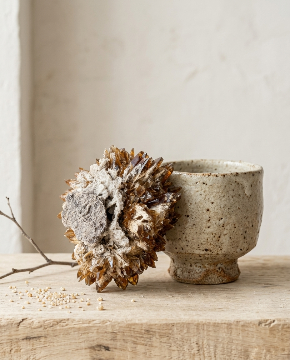A raw Amber Calcite rosette mineral specimen leaning against a textured ceramic cup, showing its unpolished dark amber crystal points and original white host rock matrix