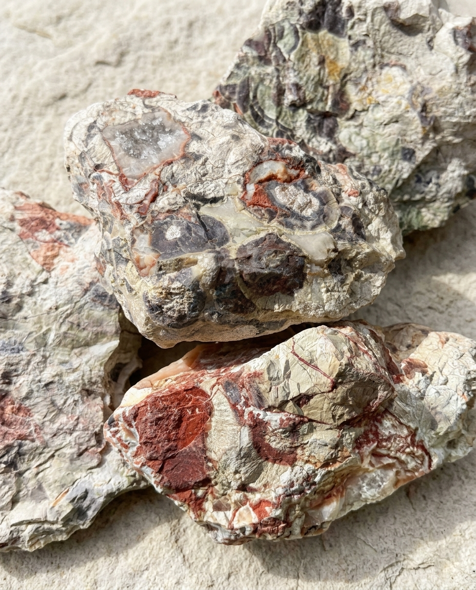 Close-up of raw Orbicular Agate chunks featuring natural concentric circular patterns in red and brown, embedded in a light-colored rough host rock with visible quartz cavities.