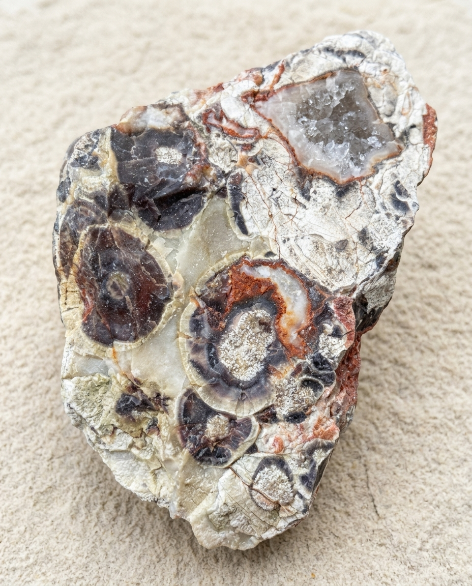A single piece of raw Orbicular Agate displaying distinctive dark concentric eye patterns and an exposed geode cavity lined with sparkling natural quartz crystals