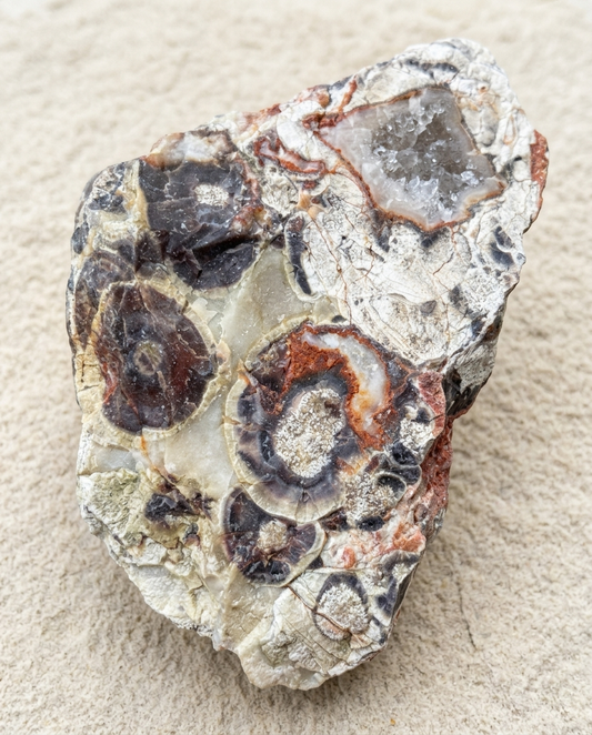 A single piece of raw Orbicular Agate displaying distinctive dark concentric eye patterns and an exposed geode cavity lined with sparkling natural quartz crystals
