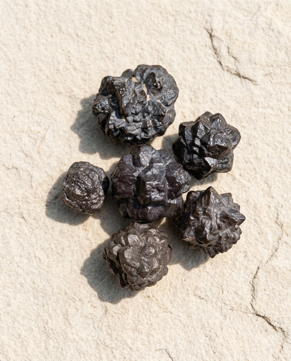 A cluster of raw, dark metallic Prophecy Stones exhibiting natural, star-like brutalist spike formations, resting on a textured light stone surface