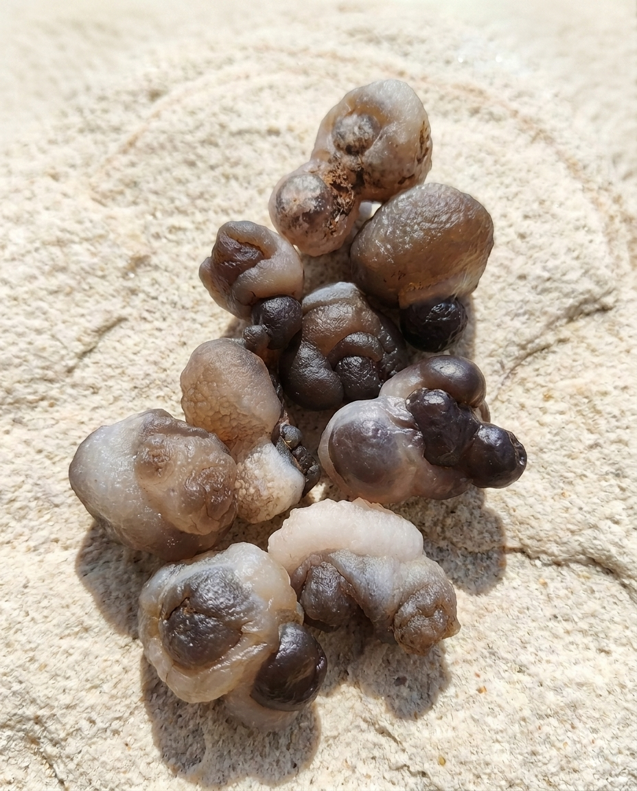Raw Botryoidal Chalcedony showing organic, fluid-like bubbling formations in monochromatic shades of translucent white, grey, and dark brown against a textured stone background