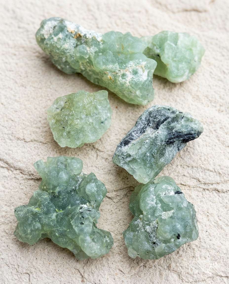 Several pieces of raw, unpolished Prehnite exhibiting a bubbly, pale green botryoidal texture intersected by striking black needle-like Epidote inclusions on a light stone surface. Unpolished green Prehnite stones featured in our natural mineral blind box series.