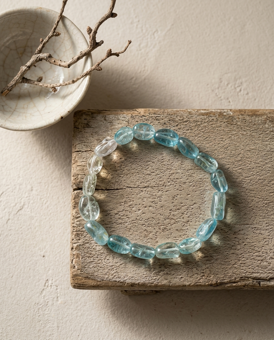 Close-up photography of a natural gradient Beryl gemstone bracelet on a clean, off-white textured background. The asymmetrical tumbled stones show a seamless ombré transition from clear transparent Goshenite to icy blue Aquamarine, revealing authentic internal mineral inclusions.⁠