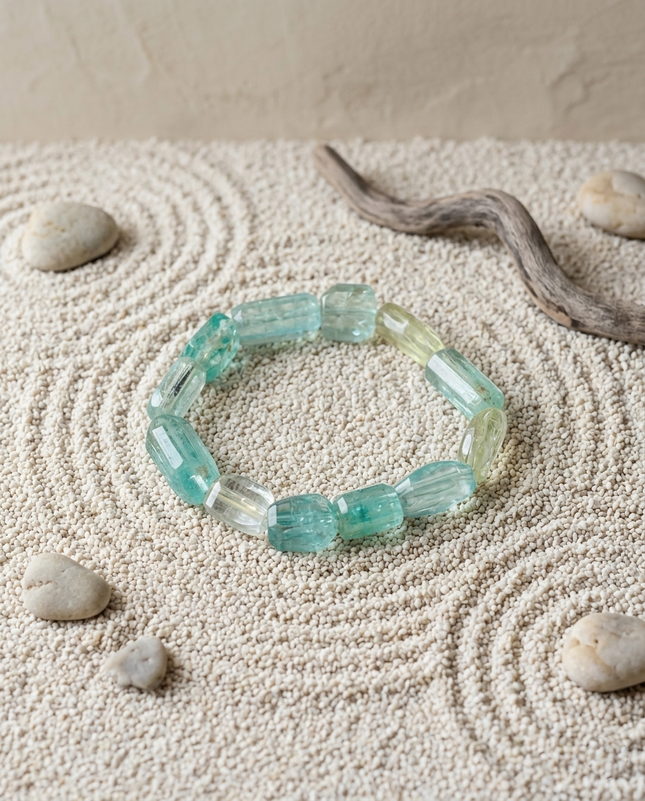 High clarity aquamarine and heliodor beryl cylinder bracelet resting on zen garden sand with driftwood, architectural barrel cut gemstone jewelry, organic modern aesthetic.